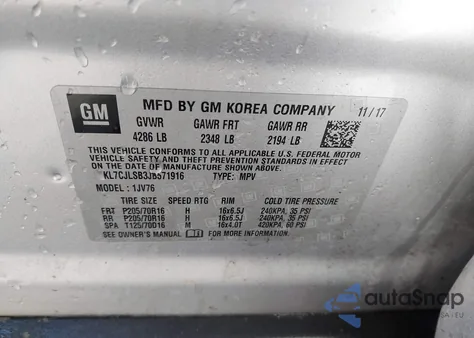 2018 Chevrolet Trax Lt z USA, uszkodzony, nr VIN KL7CJLSB3JB571916